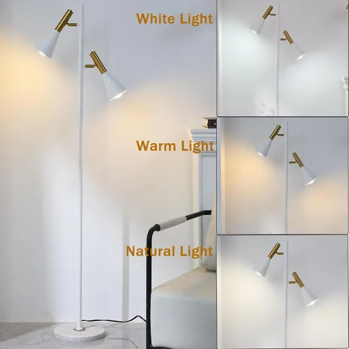 Vista 8 de Elegante lámpara de pie moderna con 2 cabezales ajustables, lámparas de pie blancas y doradas con base de mármol, luz vertical de poste alto