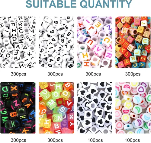 Vista 2 de QUEFE 2000 cuentas de letras en forma de cubo para pulseras, cuentas de números del alfabeto de 9 colores con 1 rollo de cuerda elástica