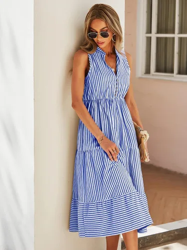 Vista 3 de Floerns Vestido midi de mujer con estampado de rayas y cuello con muescas sin mangas con volantes