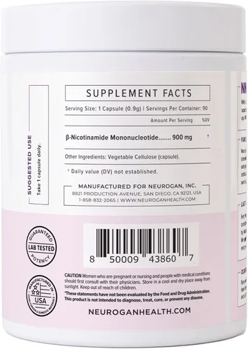 Vista 3 de Neurogan Suplemento beta NMN (β-NMN) – 900 mg por porción, 99.6% de pureza – Precursor de NAD+ para energía celular y vitalidad – 90 cápsulas