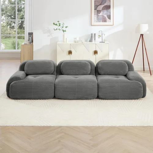 Vista 3 de Sofá moderno comprimido sin estructura de 116 pulgadas, sofás seccionales de 3 plazas para sala de estar, sofá seccional modular de pana gris nube