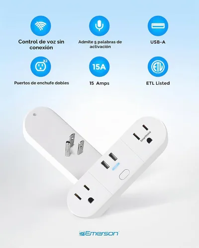 Vista 7 de Emerson SmartVoice - Enchufe de pared 4 en 1, tomacorriente inteligente controlado por voz con 2 salidas de CA y 2 puertos USB-A, sin WiFi, sin