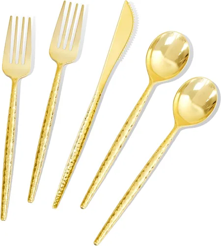 Vista 12 de LIYH - 102 cubiertos de plástico dorado desechables, utensilios de plástico Oro 102