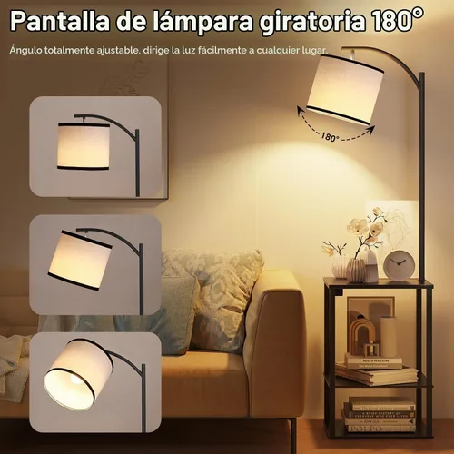 Vista 6 de Lámpara de pie SUNMORY con mesa, mesa auxiliar para sala de estar con lámpara, mesa lateral con estantes y estación de carga (puerto USB y AC)