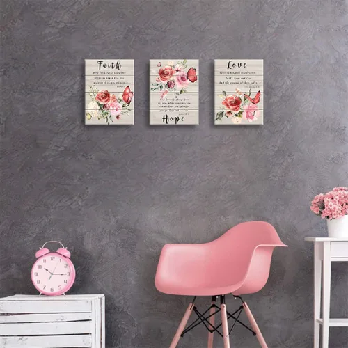 Vista 5 de Arte de pared para dormitorio, fotos de pared de mariposas, pinturas florales, citas de fe, esperanza, amor, arte de pared inspirador, acuarela, Rosa