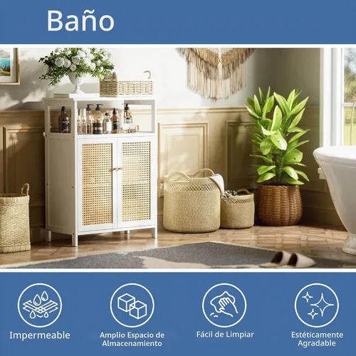 Vista 4 de HITNET Gabinete de bambú, armario de almacenamiento de ratán con puertas, armario de piso independiente para baño, sala de estar, pasillo, blanco