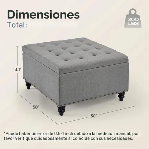 Vista 2 de HUIMO Otomana cuadrada de almacenamiento, mesa de centro otomana con almacenamiento para sala de estar (gris)