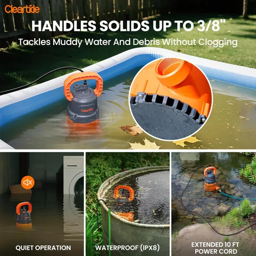 Vista 6 de Cleartide Bomba de agua sumergible de 1 HP, bomba de sumidero de 4500 GPH, enchufe portátil y trabajo para estanque, riego de jardín, piscina