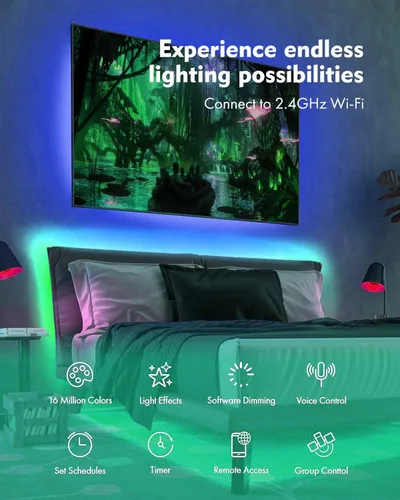 Vista 6 de VOCOlinc Tira de luz LED funciona con Apple HomeKit Siri Alexa Google Assistant 5050 RGB luces LED para dormitorio, Smart Wi-Fi, multicolor