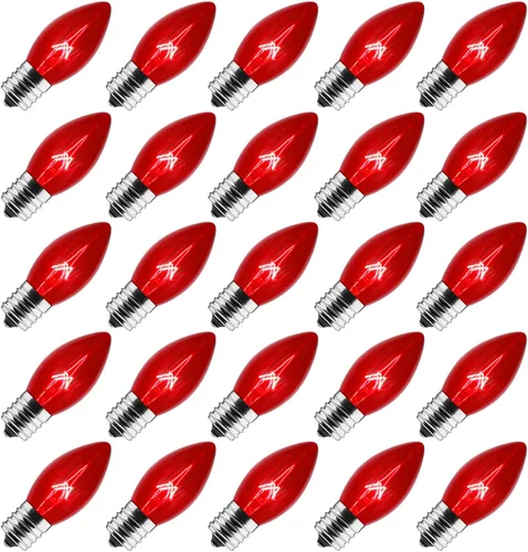 Vista 9 de Bombillas de repuesto C9 transparentes incandescentes paquete de 25 bombillas de repuesto para luces de Navidad C9, base intermedia E17, 7 vatios