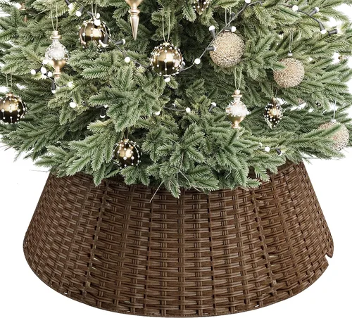 Vista 13 de Collar de mimbre para árbol de Navidad, cubierta de base de árbol PP marrón plano