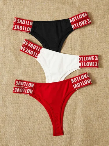 Vista 2 de GORGLITTER Conjunto de 3 calzones con cinta con estampado de letras para mujer, ropa interior de tiro bajo