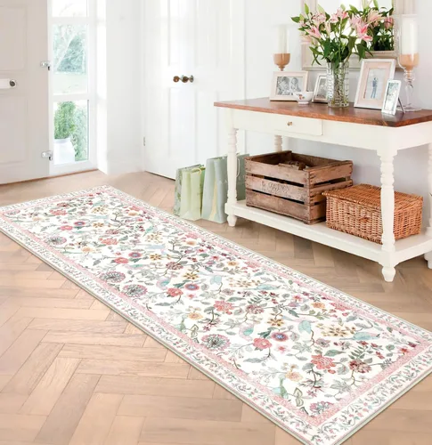 Vista 13 de Rugalia Alfombra de pasillo floral azul, alfombra lavable de 2 x 6 pies para pasillos, antideslizante, suave, de pelo bajo, con flores, pájaros, Rosa