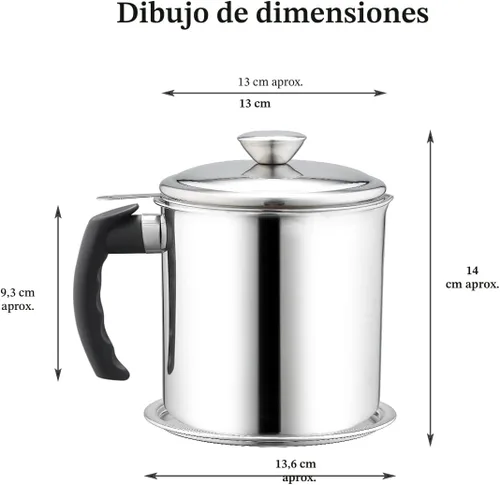 Vista 2 de Kyraton Contenedor de Grasa de Tocino con Colador, Recipiente de Aceite de Acero Inoxidable de 48 oz, Recipiente de Grasa de Olla con Tapa, Mango