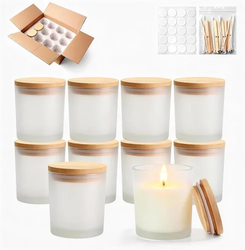 Vista 21 de Tarros de vela de vidrio de 4 onzas, paquete de 12 tarros pequeños para hacer velas, tarros vacíos de vidrio grueso de boca ancha con tapas de bambú