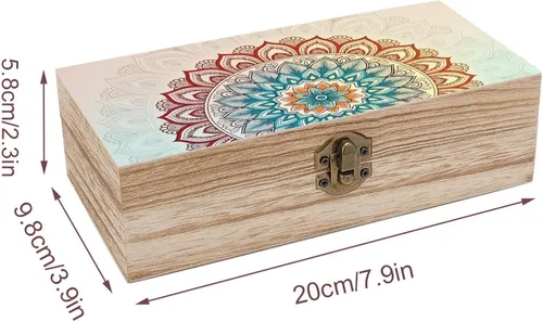 Vista 2 de Mandala Floral Wooden Storage Box with Hinged Lock,Decorative Handmade Keepsake Jewelry Chest, Elegant Retro Decor Boxes, Compact Organizer Box for