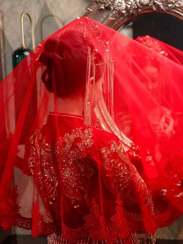 Vista 3 de Tocado de novia rojo clásico, velo de boda de novia, accesorio de encaje de boda simple para mujer, Multicolor