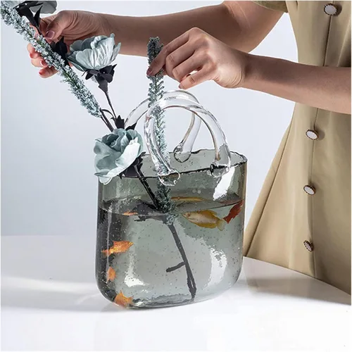 Vista 10 de Glass Bag Vase for Flowers, Glass Purse Vase Blowing by Hand Glass Flower Vase Purse Flower Vase, Glass Bag Vase for Decor,Style1-Blue