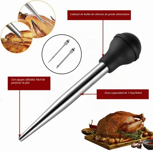 Vista 2 de JY COOKMENT Jeringa de acero inoxidable para pavo Baster Baster Jeringa para cocinar Inyector de carne con 2 agujas de marinada, 1 cepillo de Acero