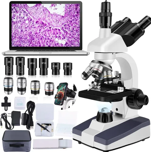 Vista 9 de Microscopio trinocular 40X-5000X de aumento de grado de laboratorio con etapa mecánica dual y microscopio de cámara USB HD para adultos