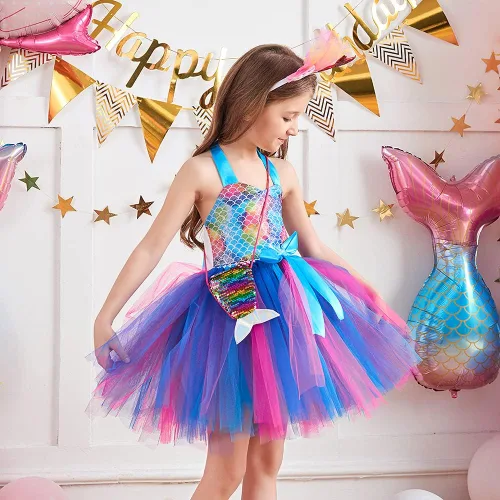 Vista 2 de Yoriko Disfraz de sirena para niñas vestido de fiesta tutú con diadema para concurso