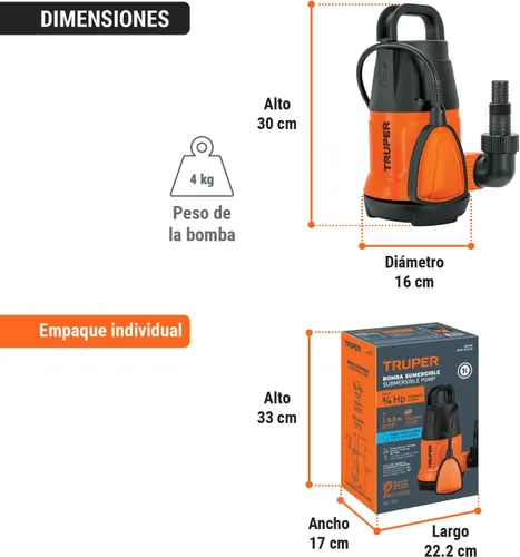 Vista 9 de TRUPER BOS-3/4LP Bombas de agua limpia sumergibles 3/4Hp (560 w)