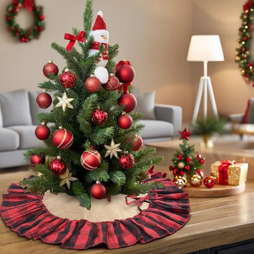 Vista 6 de Mini falda de árbol de arpillera a cuadros Buffalo con volantes rojos y negros, falda pequeña de árbol de Navidad a cuadros rojos y negros de 24
