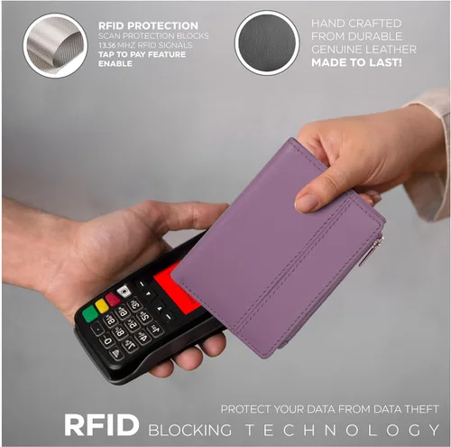 Vista 4 de Billetera Oak Leathers para mujer de piel de grano completo - Pequeña con protección RFID, monedero para monedas, tarjetero de crédito y DNI