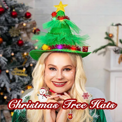 Vista 3 de Nicute Sombrero de árbol de Navidad, diseño de estrellas brillantes, lentejuelas, accesorios para disfraz de festival, decoraciones de Navidad
