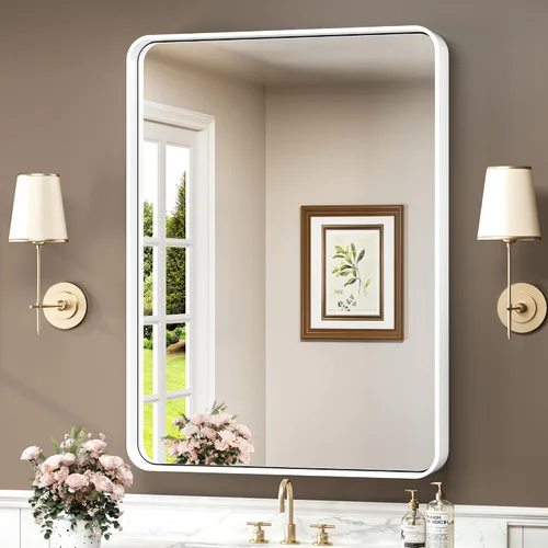 Vista 81 de TokeShimi Espejo de pared de baño de níquel cepillado de 20 x 30 pulgadas, marco de metal, esquina redonda, rectangular, para decoración del hogar