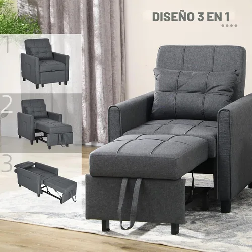 Vista 6 de HOMCOM - Silla convertible 3 en 1 para cama, sofá cama individual, color gris Extraíble, respaldo ajustable, almohada, bolsillos, multifuncional