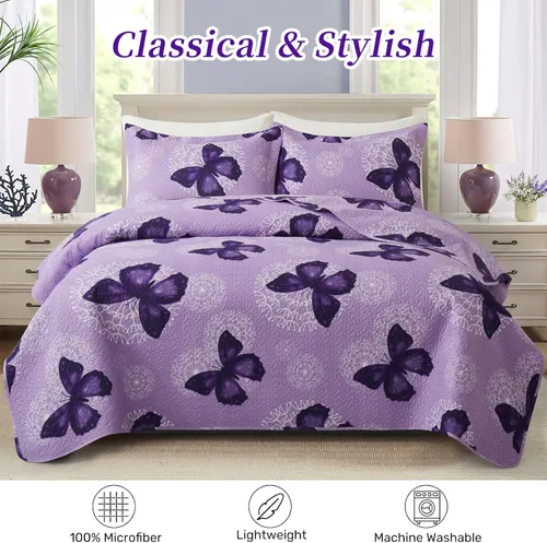 Vista 7 de ARTALL Juego de edredón de 3 piezas con estampado de mariposas, microfibra suave y ligera, colcha, cobija y manta con 2 fundas de almohada