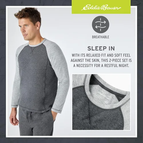 Vista 3 de Eddie Bauer Conjunto de pijama para hombre, cómodo conjunto de camisa raglán y pantalones