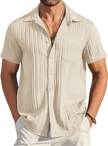 Vista 17 de COOFANDY - Camisas de botones casuales para hombre, de manga corta, con textura, camisa de playa de verano con bolsillo