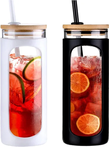 Vista 49 de Kodrine Vaso para agua de vidrio de 20 onzas con popote y tapa, botella de agua con tapas de bambú, taza para café helado, reutilizable, boca ancha