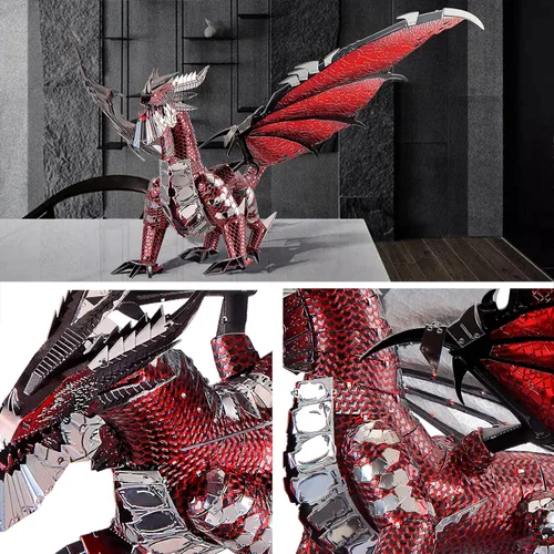 Vista 3 de Piececool Kits de construcción de modelo de metal 3D del Rey Dragón Negro con juego de herramientas DIY, rompecabezas 3D de metal desafiantes