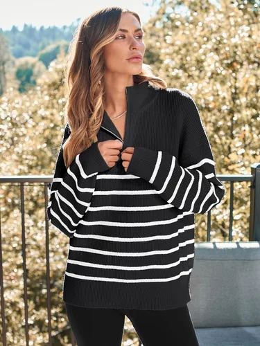 Vista 2 de LILLUSORY Suéter de punto con cuello de rayas con cremallera de un cuarto para mujer, ropa cálida de punto para invierno 2023 a la moda