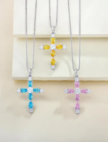 Vista 4 de YL Collar de cruz de plata de ley 925 con colgante de piedra natal religiosa para mujer