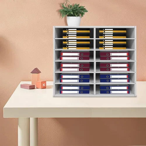 Vista 6 de Organizador de literatura de escritorio con 12 compartimentos, clasificador de archivos ajustable, centro de correo, soporte para revistas, gabinete
