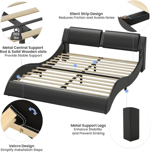 Vista 15 de DICTAC Base de cama California King con cabecero y luces LED, moderna base de cama LED Cali King con puertos USB y tipo C, de piel sintética