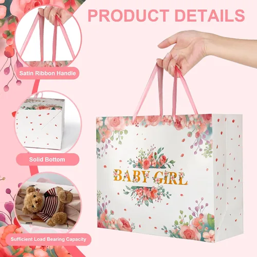 Vista 3 de Bolsa de regalo floral rosa grande de 13 pulgadas para bebé, incluye papel de regalo, papel de seda rosa y tarjeta para regalos de recién nacidos