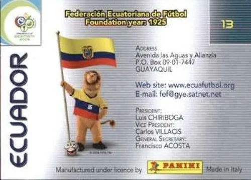 Vista 2 de 2006 Panini World Cup #13 Ecuador TC Team Card Ecuador Oficial Copa Mundial de la FIFA Fútbol en estado Raw (NM o mejor)
