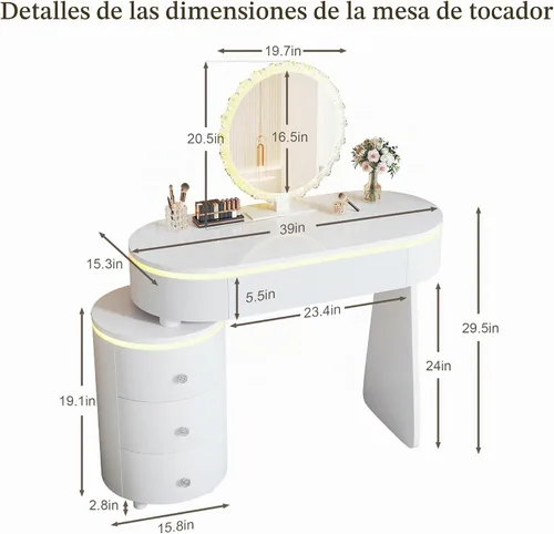 Vista 6 de KDCAS Escritorio redondo de maquillaje con espejo y luces, escritorio moderno de piel sintética con gabinete lateral reversible, mesa de tocador