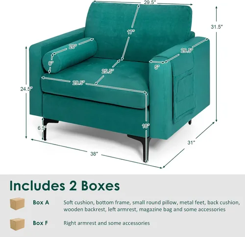 Vista 2 de KOMFOTT Sofá individual con refuerzo, moderna silla decorativa con reposabrazos, soporte para revistas, asiento de gran tamaño, cojín cómodo, sillón