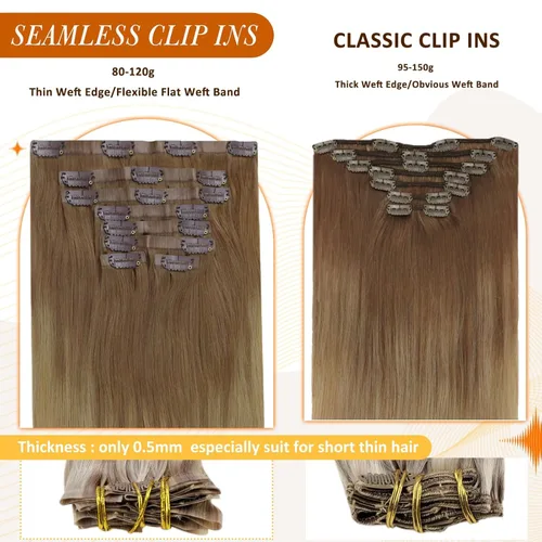 Vista 3 de Full Shine Extensiones de cabello humano con clip de 12 pulgadas, extensiones de cabello con clip de castaño claro a rubio, extensiones de cabello