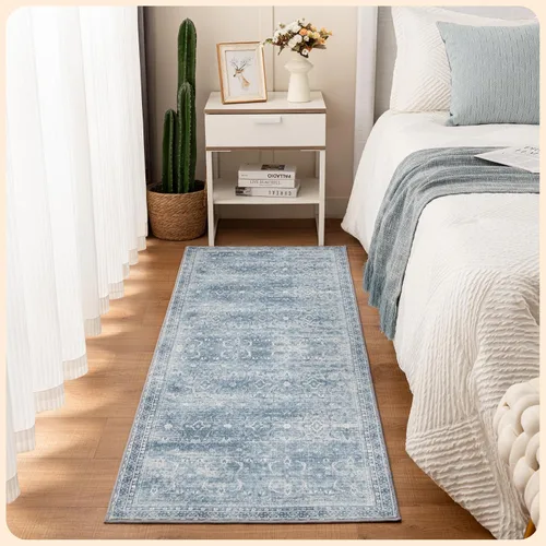 Vista 193 de Istana Alfombra larga antideslizante de 2.5 x 8 para el hogar, para pasillo y cocina, lavable, sedosa y suave al tacto, elegante, color azul y marfil