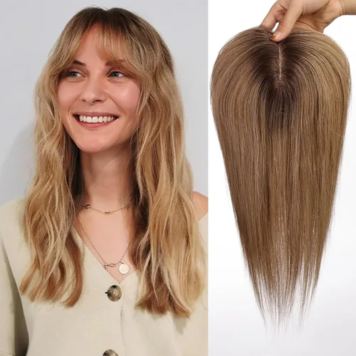 Vista 10 de HAIRCUBE Pelucas de cabello humano 100% con flequillo, densidad 150%, base de seda, clip en la parte superior, pelucas de cabello superior