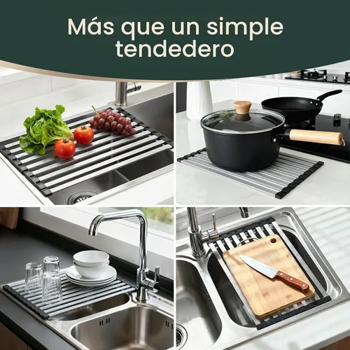 Vista 7 de Meowoo Escurridor de platos rectangular, 15.7 x 13 pulgadas, escurridor de platos enrollable sobre el fregadero, base de silicona antideslizante