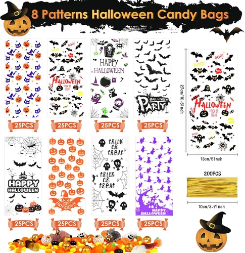 Vista 2 de AhfuLife 200 bolsas de celofán de Halloween, 8 diseños de bolsas de dulces transparentes de Halloween con lazos giratorios para golosinas o tratos