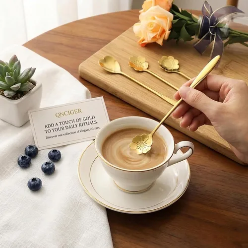 Vista 4 de Juego de 4 cucharaditas de café de 7 pulgadas, cucharas de café para bebidas, para postre, café, helado, té (dorado)